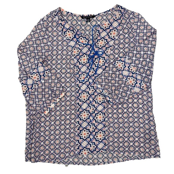 Zac & Rachel Boho Top XL Festival Sheer Blouse Batik Tie Neck Lightweight Hippie - Picture 1 of 5